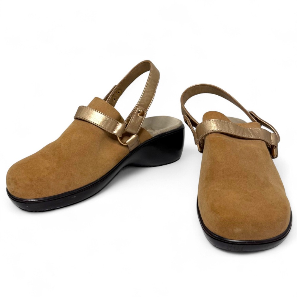 Vionic Adelaide Orthoheel Wedge Mule Slingback  Size 9 Camel Suede Gold Strap‎